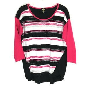 Jones New York Sport Striped Pink Black 3/4 Sleeve Shirt Womens S Sporty Casual